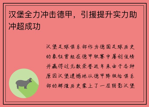 汉堡全力冲击德甲，引援提升实力助冲超成功
